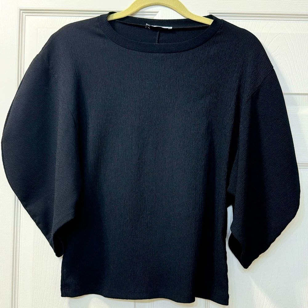 Zara Black Voluminous Puff Short Sleeve Crew Neck Top Sz S EUC